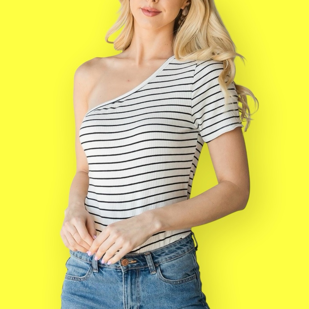 CY Fashion One Shoulder Short Sleeve Bodysuit Women’s Plus 1X Black/White Stripe